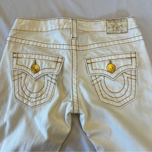 True Religion Joey Big T Y2K Gold Embroidered Flare White Denim Jeans Size 26 - Picture 12 of 14